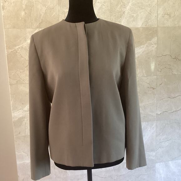 VTG Giorgio Armani Blazer 38 Olive Wool Collarless Minimalist Italy Structured - Picture 4 of 11